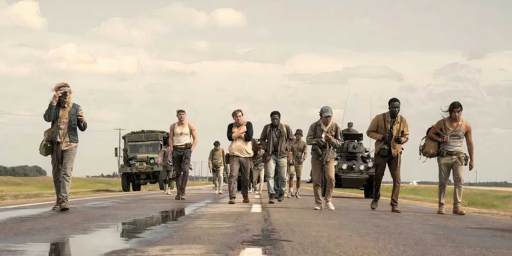 long walk-cast on road with vehicles