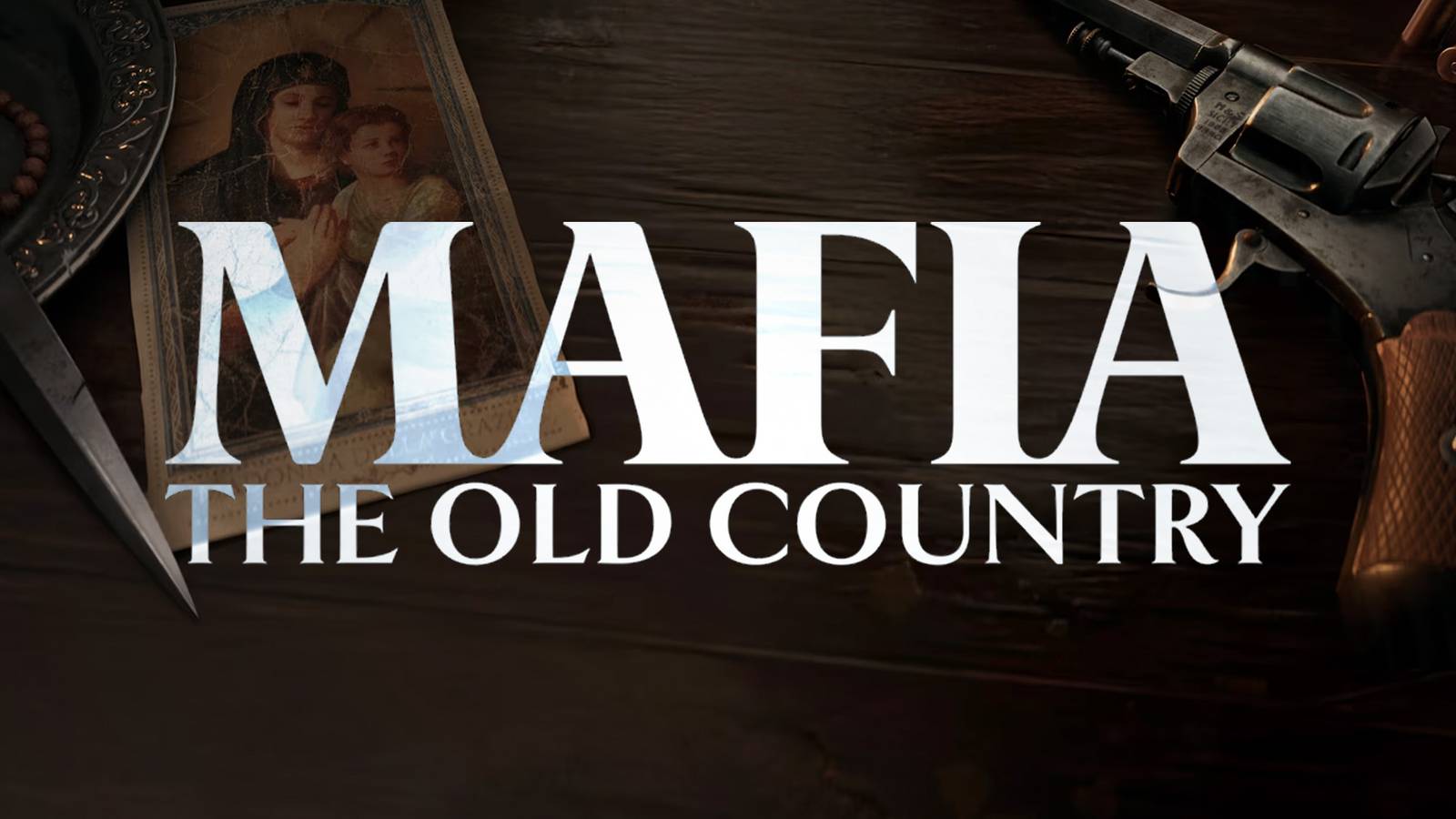 Mafia The Old Country logo over promo screenshot gun next to saint