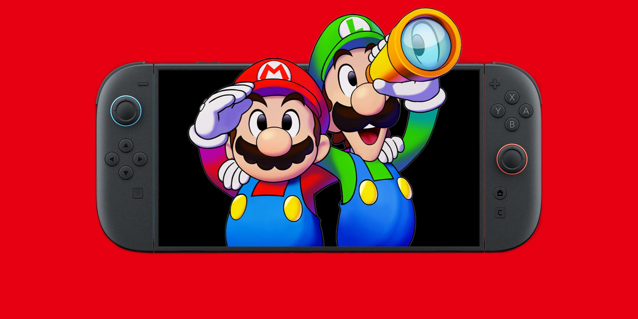 Mario and Luigi emerging from Nintendo Switch 2 on red background 2x1 composite