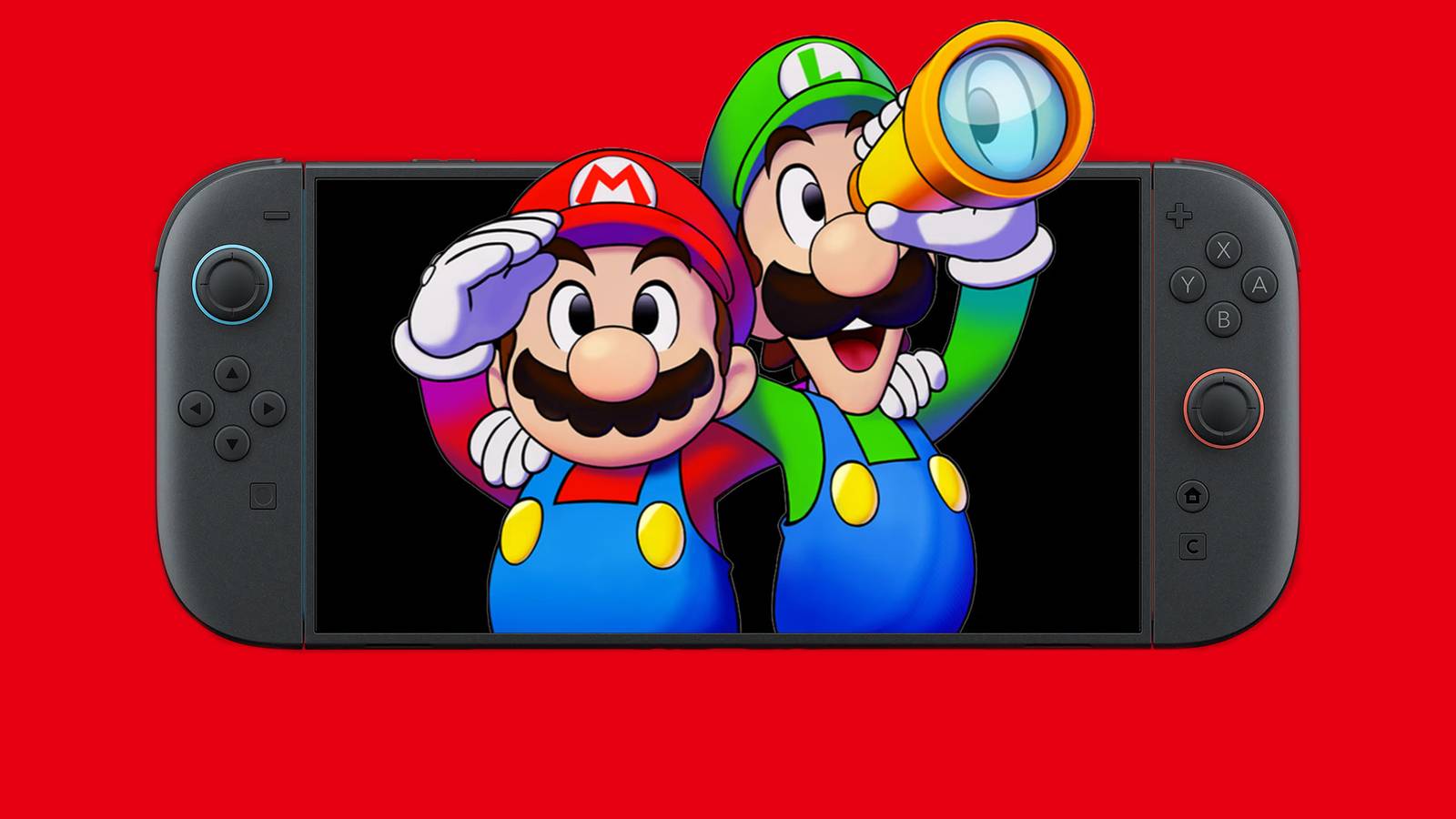 Mario and Luigi emerging from Nintendo Switch 2 on red background 2x1 composite