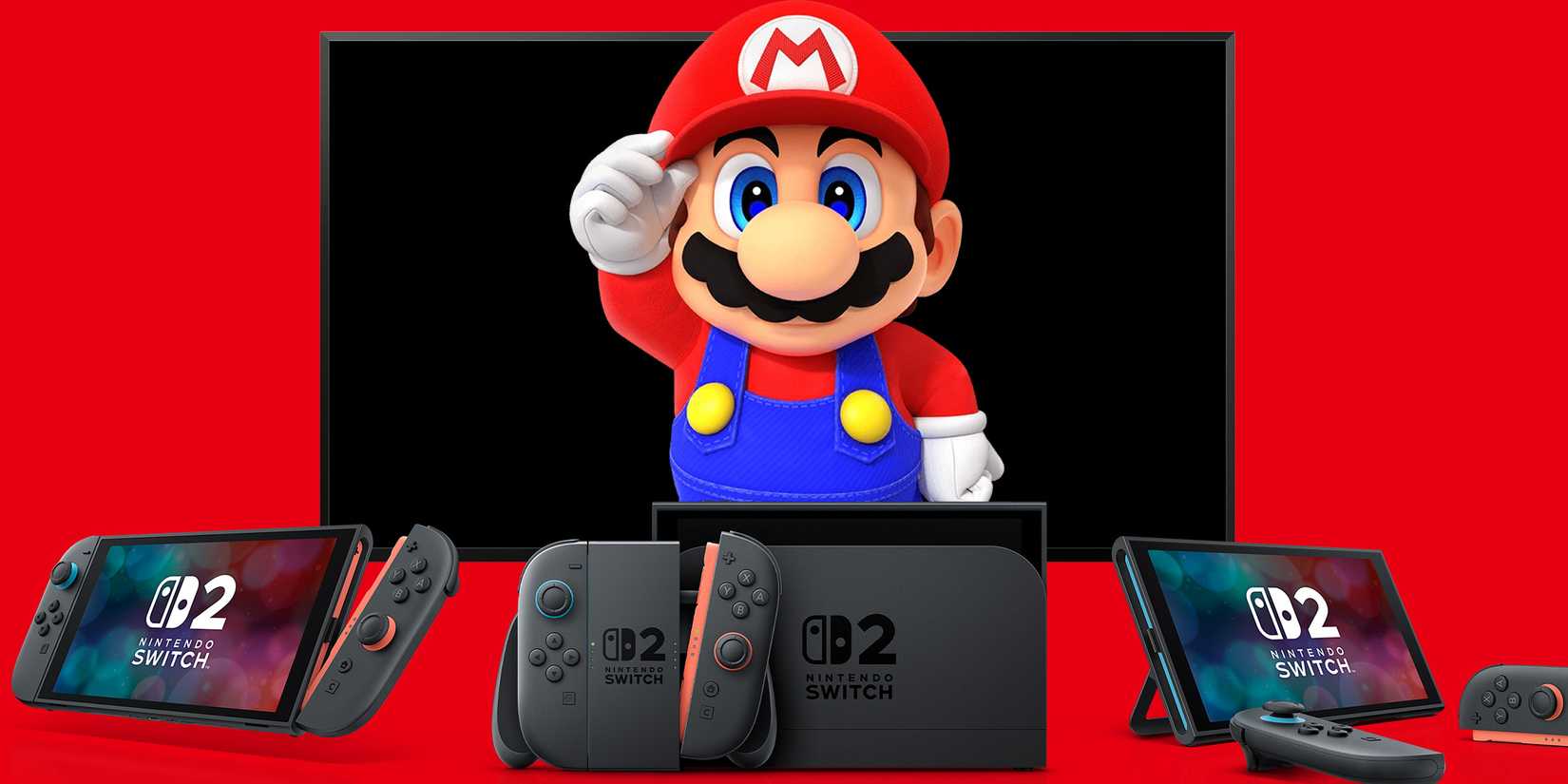 Mario looking out of TV in front of three Nintendo Switch 2 consoles on red background 2x1 composite