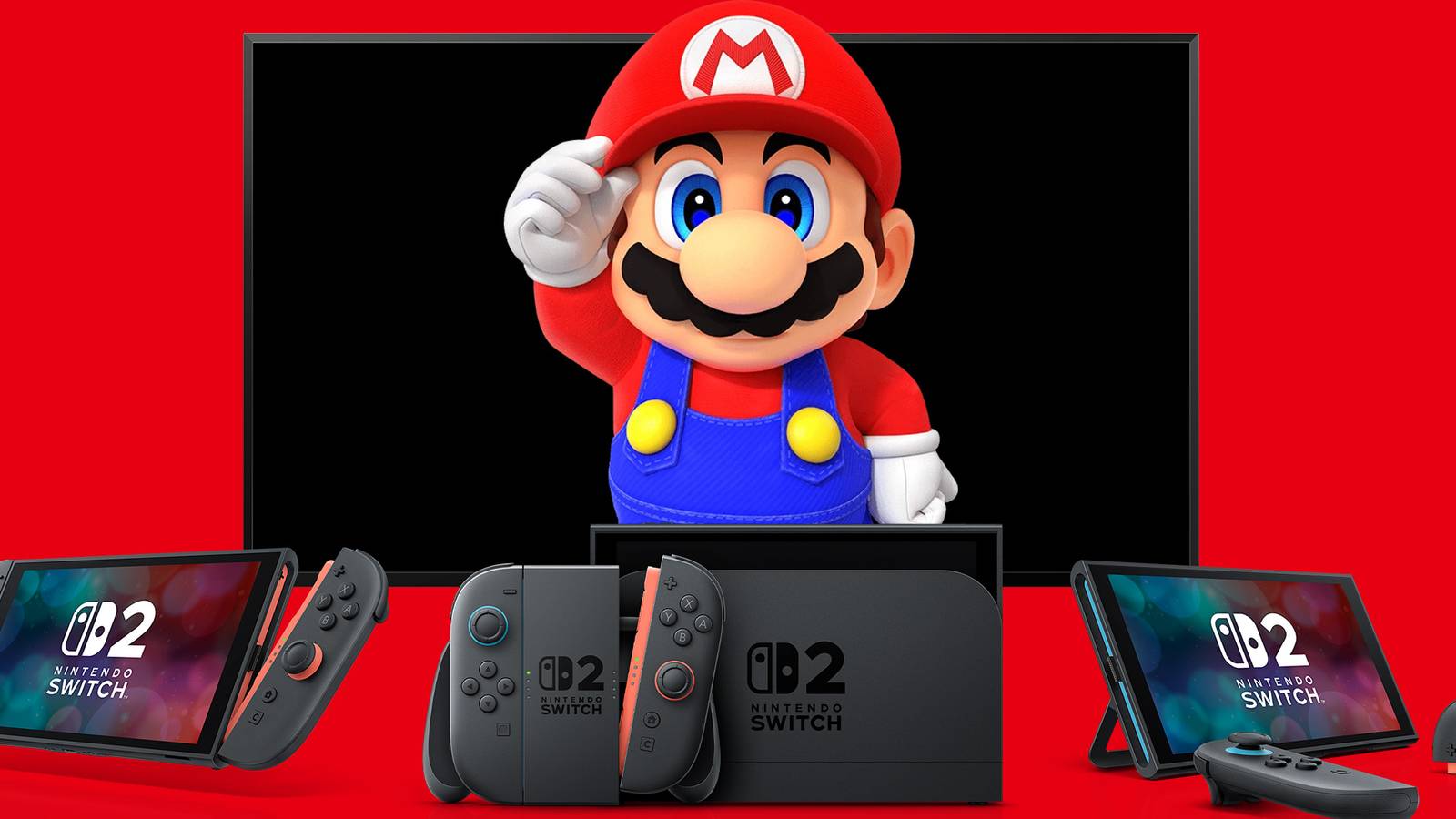 Mario looking out of TV in front of three Nintendo Switch 2 consoles on red background 2x1 composite