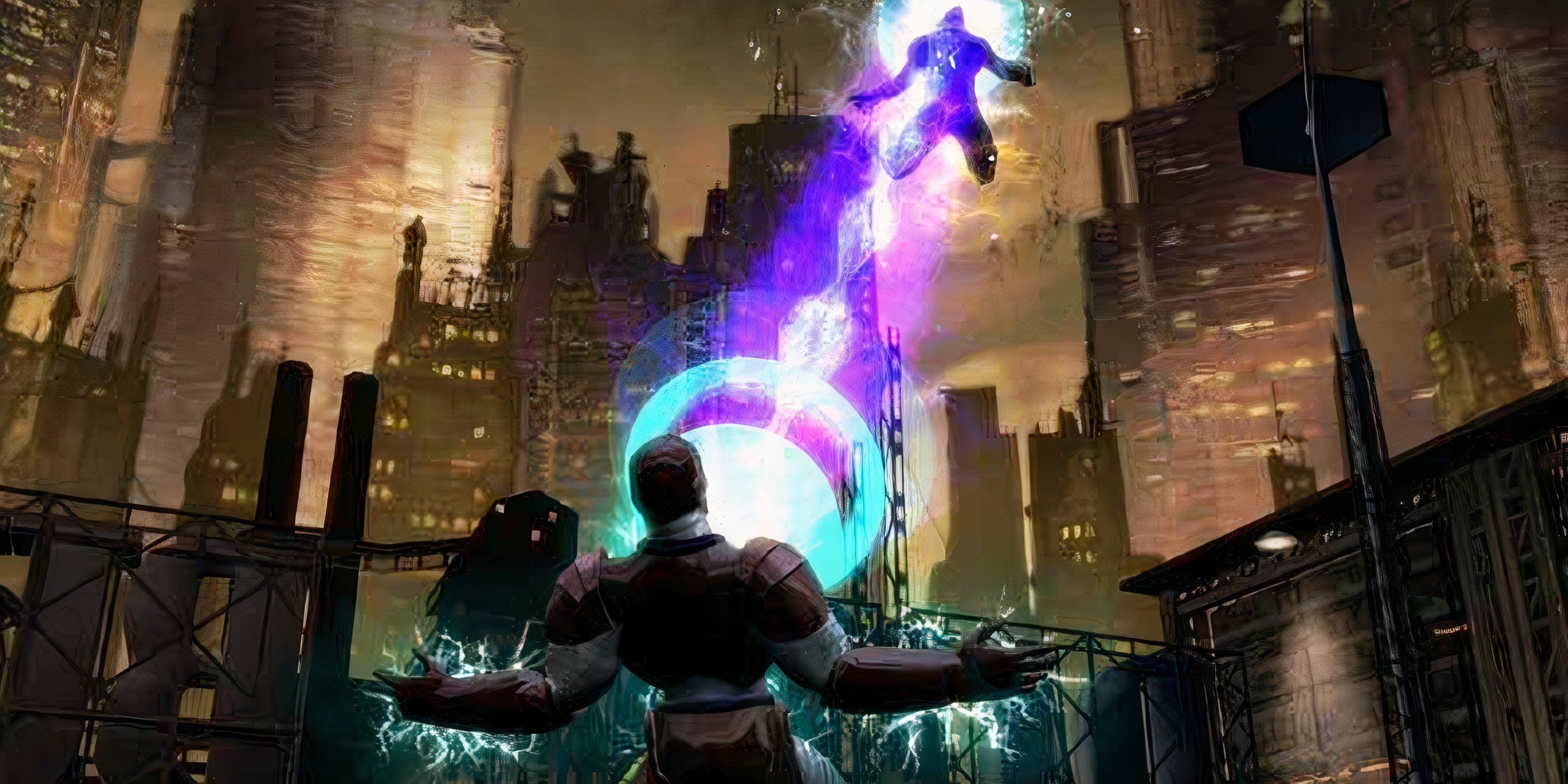 Iron Man firing his unibeam on an opponent in Marvel Nemesis: Rise Of The Imperfects