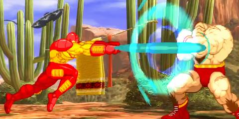 Iron Man fighting Zangeif in Marvel Vs Capcom 2: New Age Of Heroes