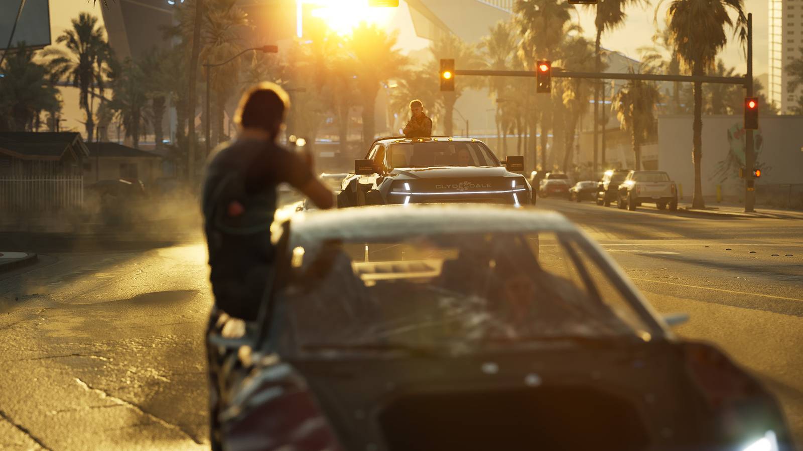 MindsEye shooting from moving car sunset street promo gameplay screenshot