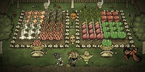 Don't Starve Together: Farm, Wilson, WX78, Wickerbottom, and Wormwood