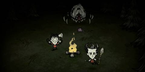 Don't Starve Together: Wilson and Willow at a Campfire, spider in the darkness