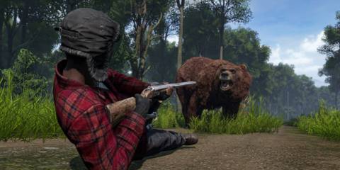 DayZ: Player on their back, pointing a shotgun at a bear