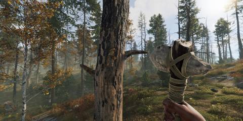 Rust: Player chopping down a tree with a stone axe during the day