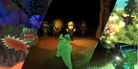 Steam screenshot of players in mine, surrounding by weapons