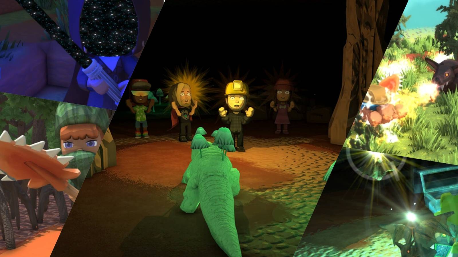 Steam screenshot of players in mine, surrounding by weapons