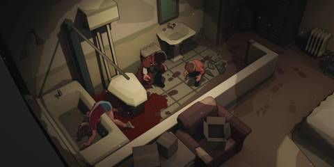 Anling and Cody in bloody bathroom with a body