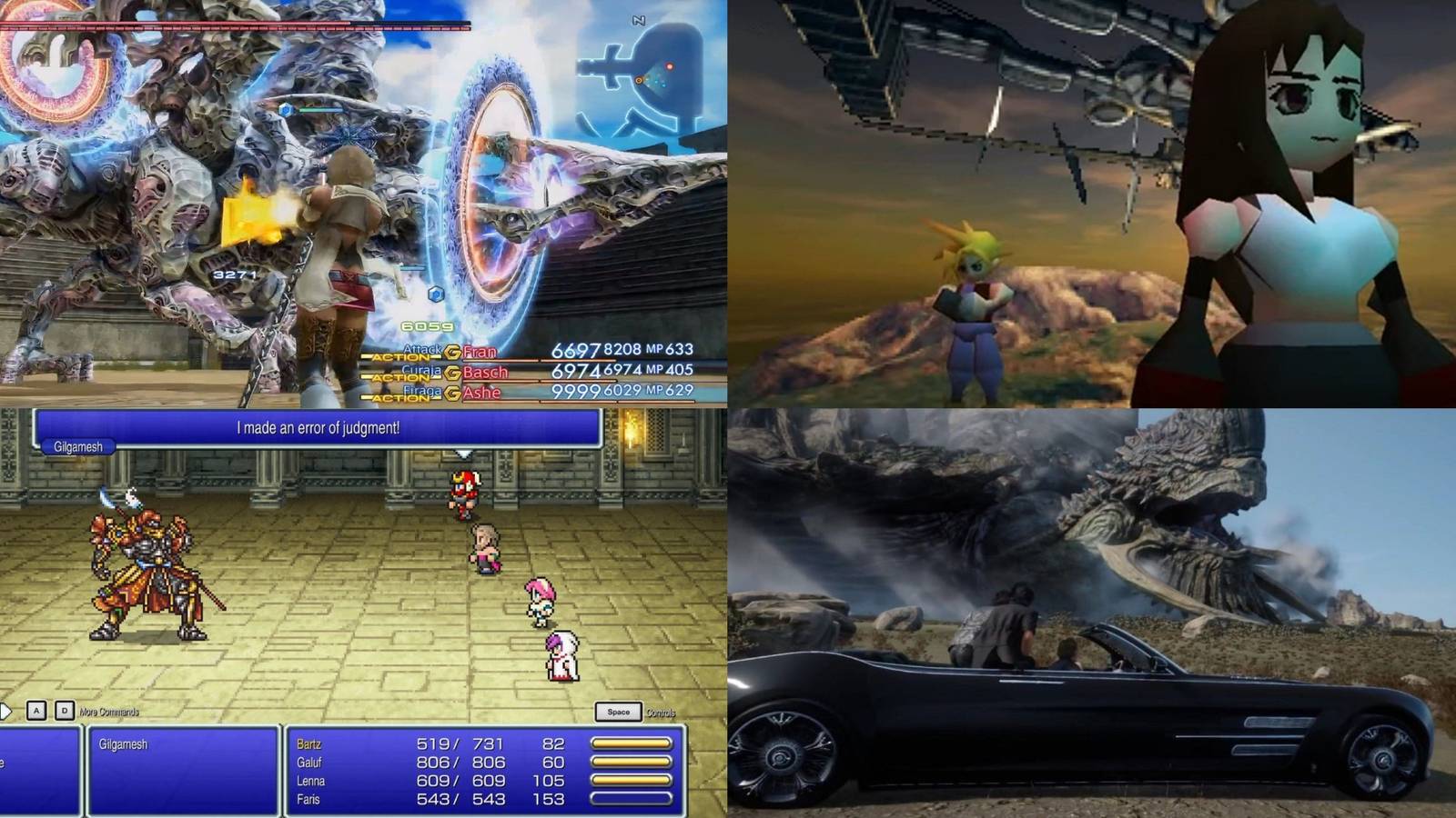 Final Fantasy 7, Final Fantasy 5, Final Fantasy 12 The Zodiac Age, Final Fantasy 15 best endgame mixed gameplay collage