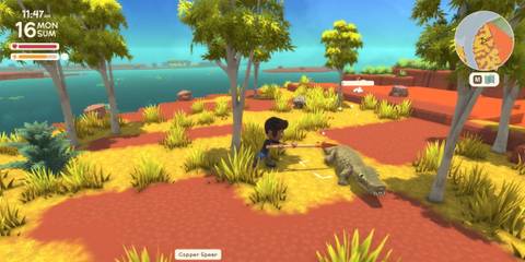 Player fighting crocodile with copper spear
