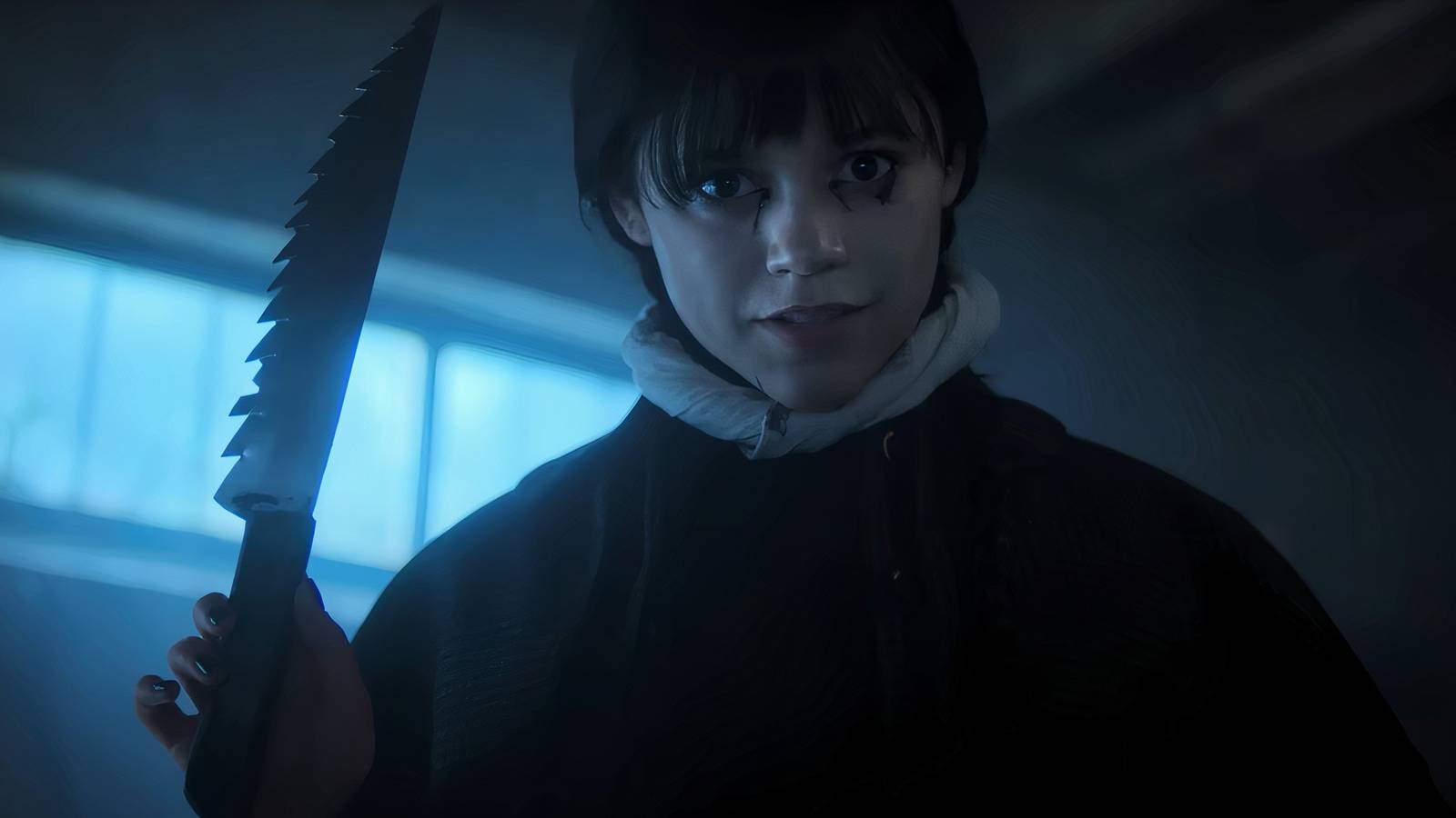 Wednesday holding a machete in Wednesday.