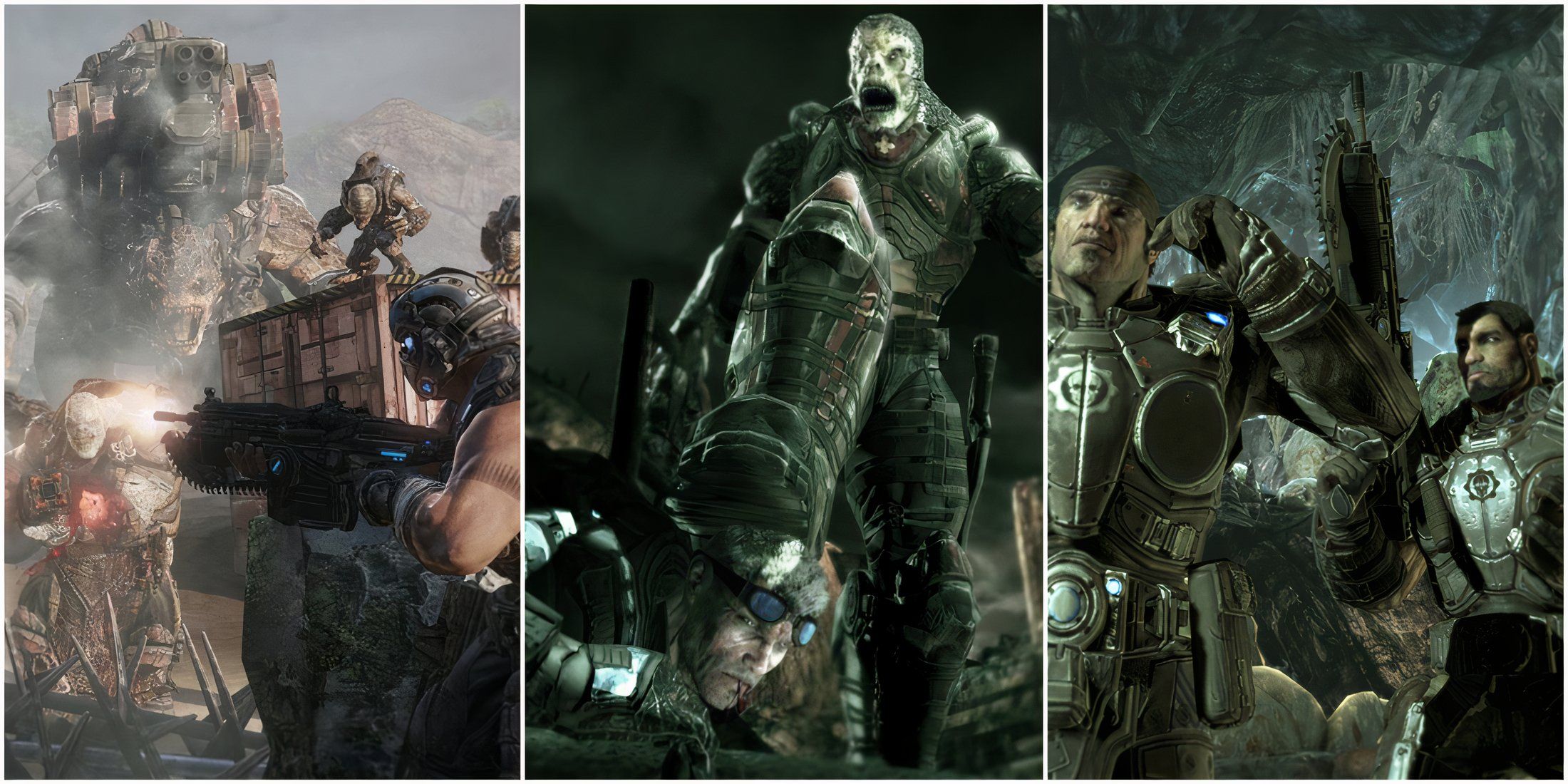 10 tontas armas de videojuego, clasificadas 10 Un collage de las imágenes de promoción de la trilogía original de Gears of the War. De izquierda a derecha: una lucha contra una multitud de saltamontes y un bromo en los Gears of War 3, un saltamontes en la cabeza de la guerra en la guerra de la guerra, y esperando más órdenes en los giers de Marcus y Dome War 2