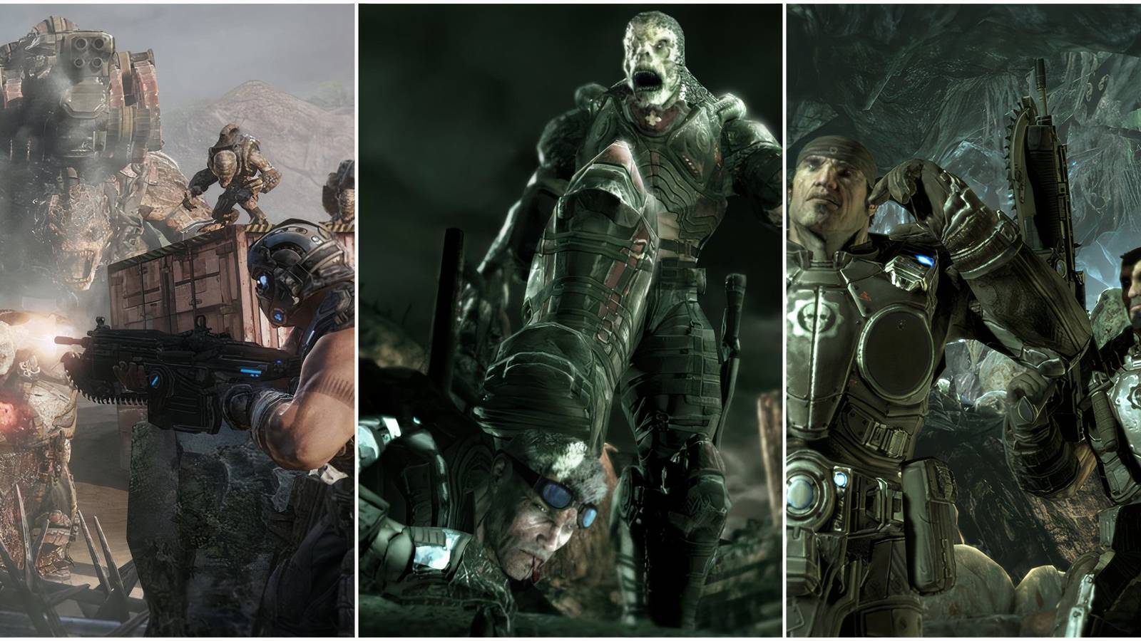 A collage of promotional images from the original Gears of War trilogy. Left to right: A battle against a horde of locusts and a brumak in Gears of War 3, a locust stepping on Baird's head in Gears of War, and Marcus and Dom waiting for further orders in Gears of War 2