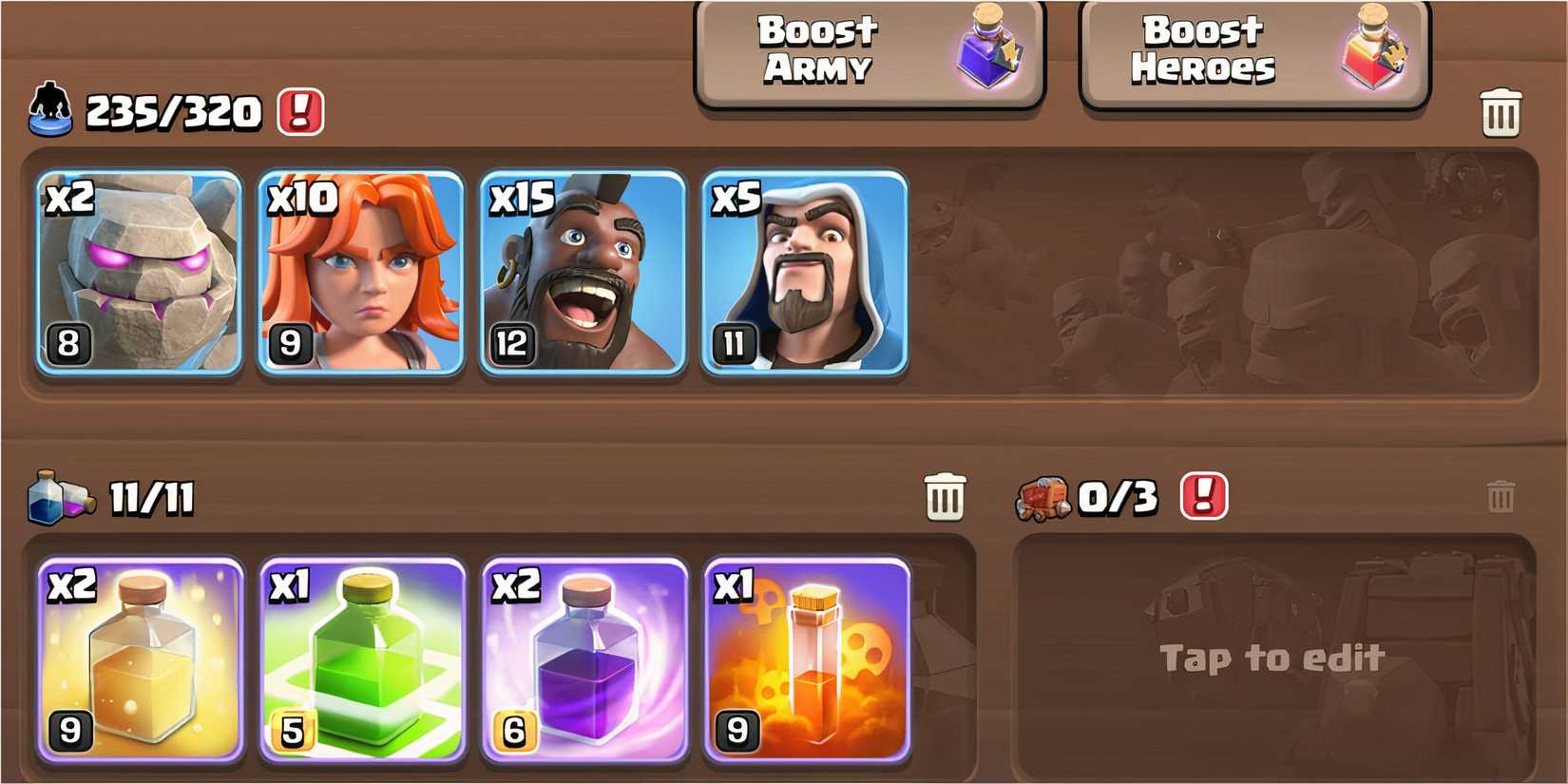 Golem, Valkyrie, Hog raider, Wizards