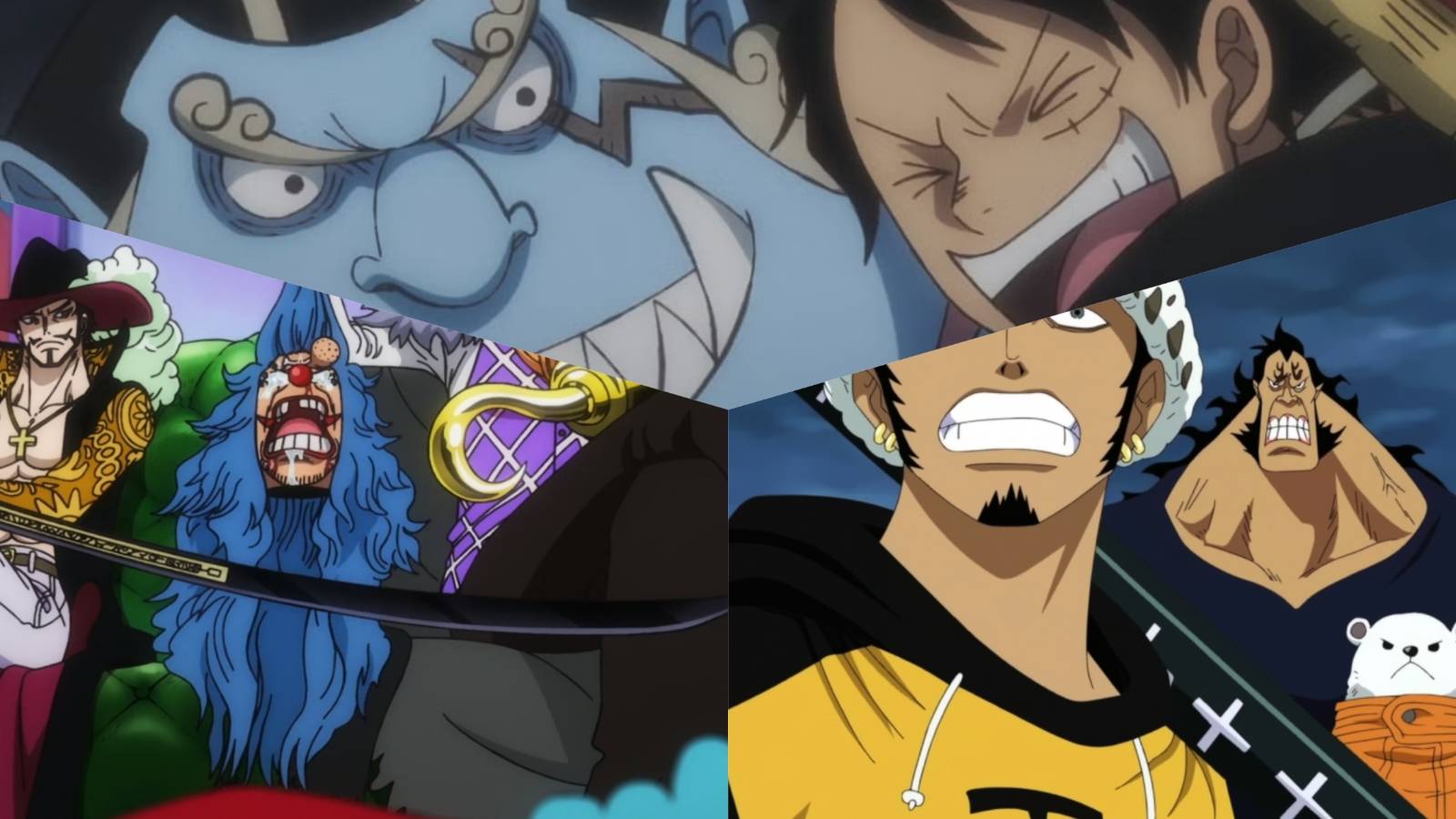 Jimbei being hugged by Luffy, Buggy's head being held by Crocodile next to Mihawk, Jean Bart looking on alongside Law and Bepo.