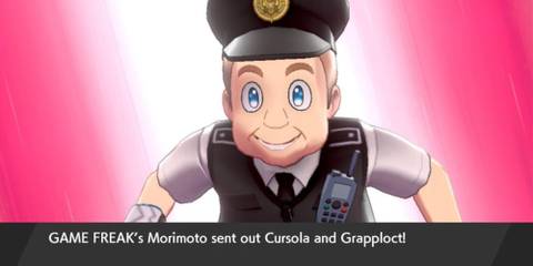 Morimoto in Sword and Shield, sending out Cursola and Grapploct