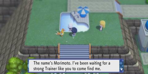 Morimoto talking to the player, challenging them to a battle