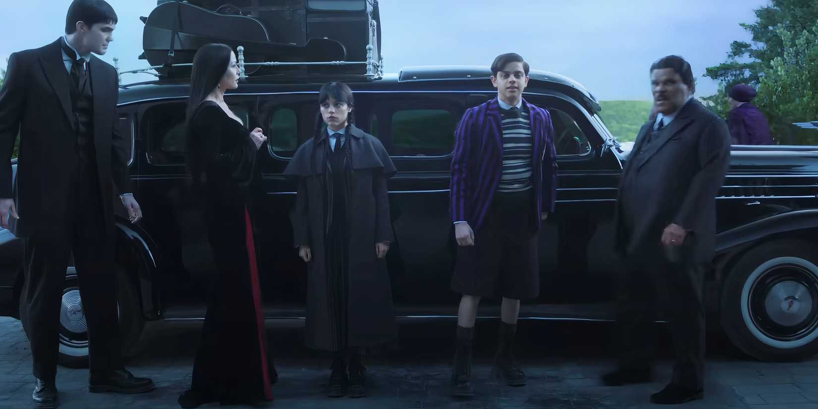 The Addams family at Nevermore in Wednesday Season 2.