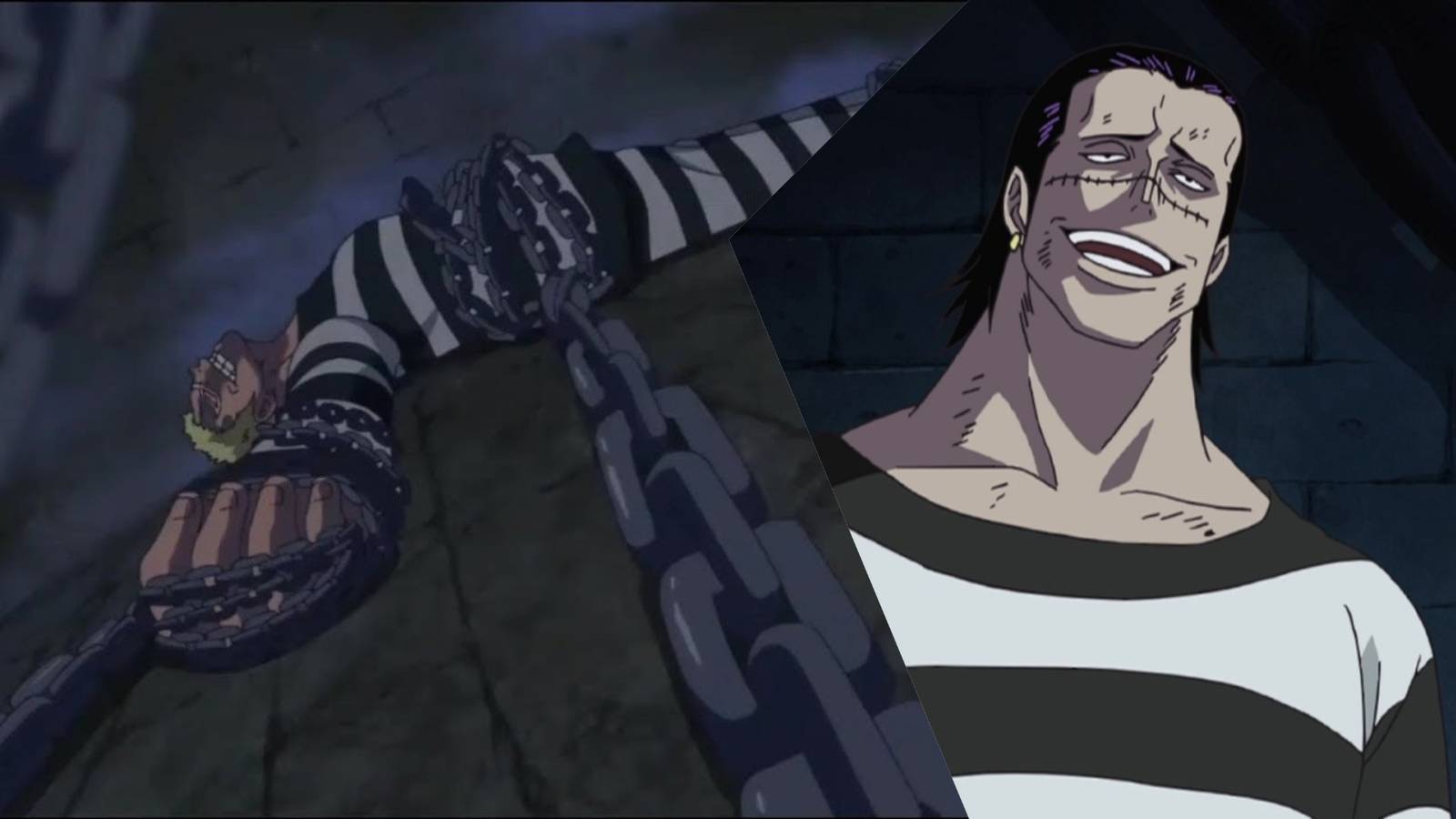Doflamingo shackled in a prison jumpsuit; Crocodile with a sardonic smile in a prison jumpsuit