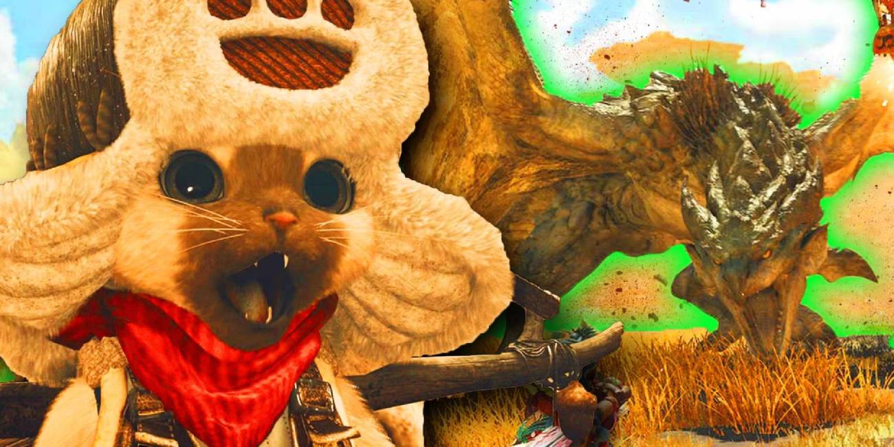 Monster Hunter Wilds Palico looking shocked next to a monster