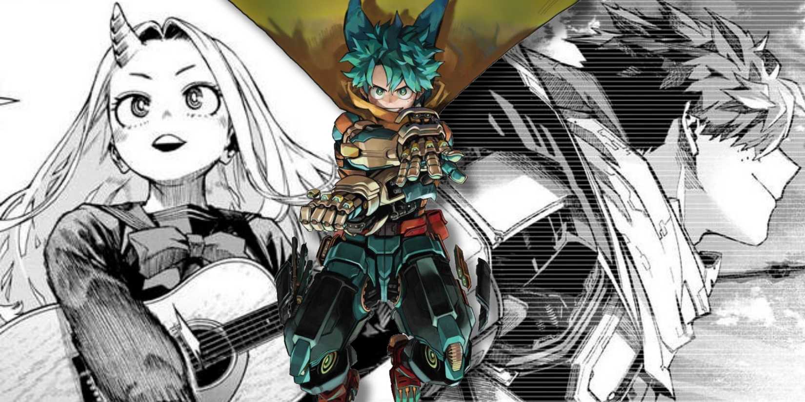 A collage of Eri, Deku and Deku's colored armored suit in My Hero Academia: Ultra Age: The Final Fan Book.