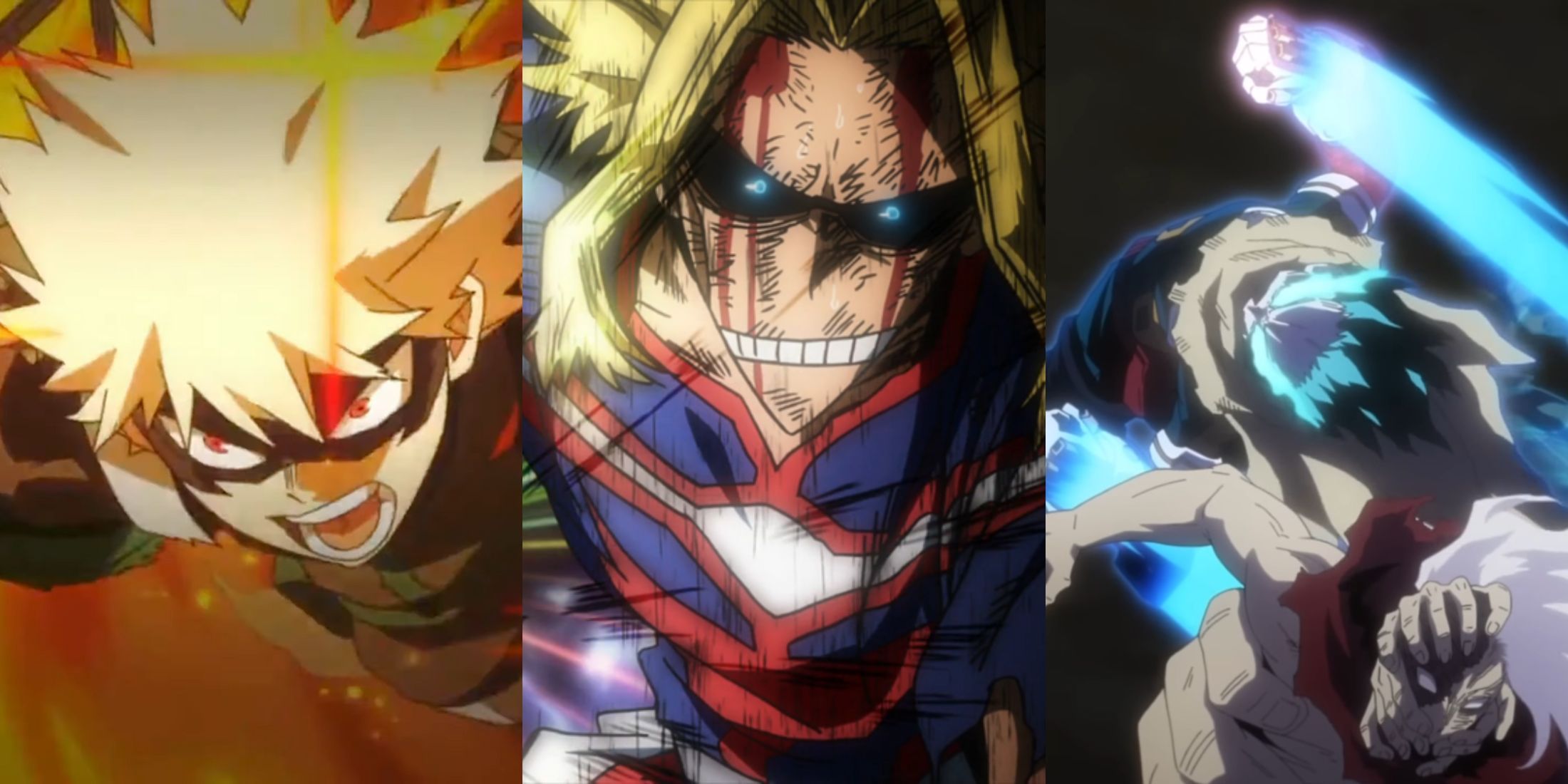 A collage of three powerful Ultimate Moves from My Hero Academia: Bakugo's Howitzer Impact: Cluster, All Might's United States of Smash and Deku's Detroit Smash: Quintuple.