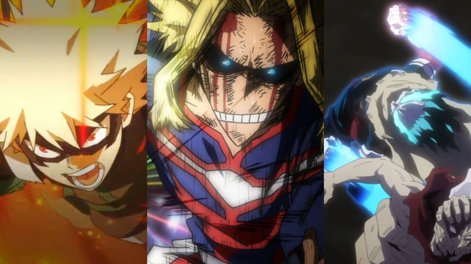 A collage of three powerful Ultimate Moves from My Hero Academia: Bakugo's Howitzer Impact: Cluster, All Might's United States of Smash and Deku's Detroit Smash: Quintuple.