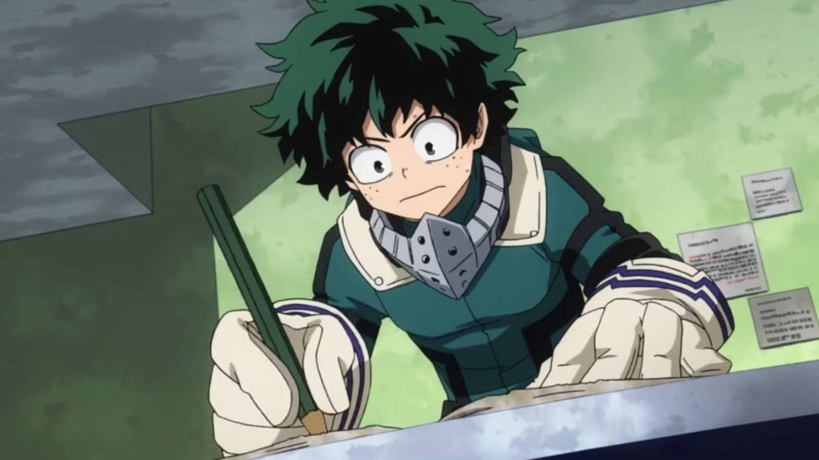 Izuku Midoriya writing in his notebook from My Hero Academia