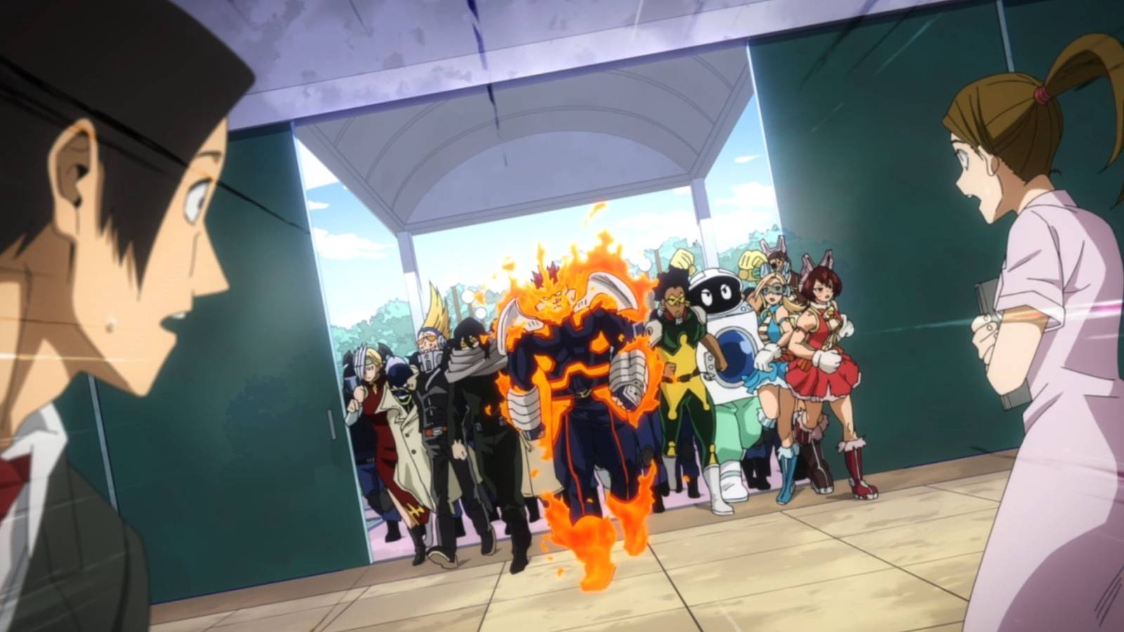 picture: pro heroes storming into the jaku hospital.