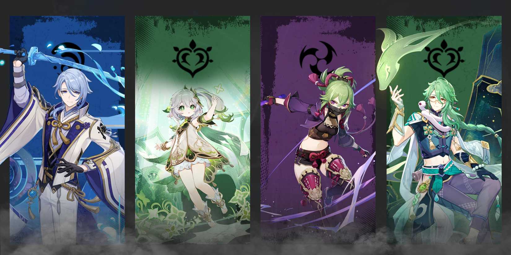 nahida-kuki shinobu-baizhu-and ayato composition in genshin impact