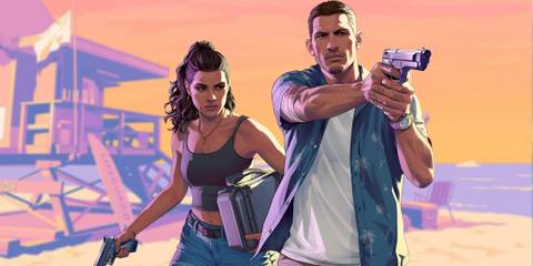 GTA 6 Jason and Lucia side by side on beach holding weapons