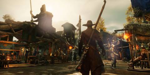 New World character facing a village