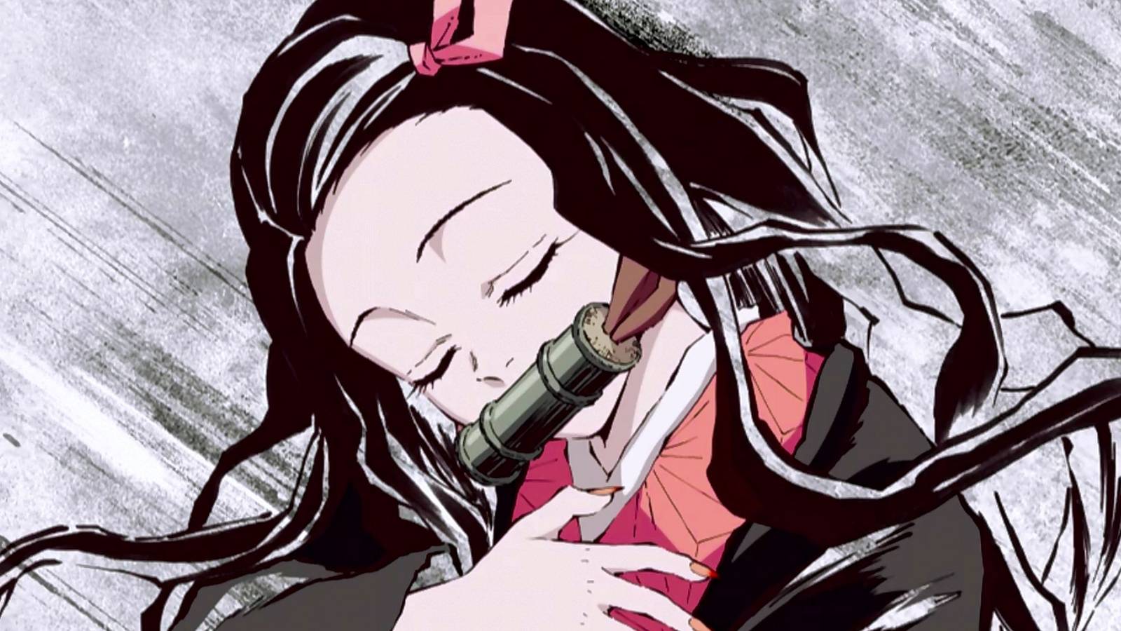 picture: nezuko with closed eyes in official demon slayer illustration.