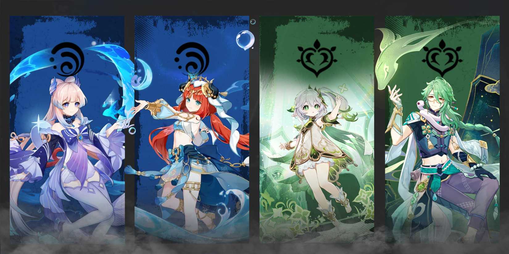 nilou-nahida-baizhu-and kokomi team composition in genshin impact