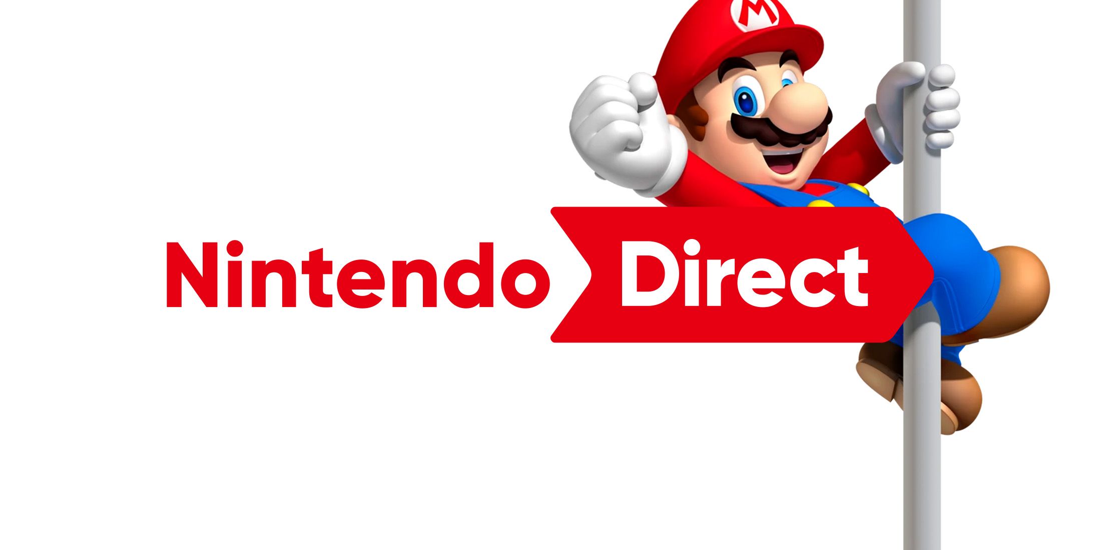Nintendo Direct logo in front of Mario vaulting down a flag pole 2x1 composite