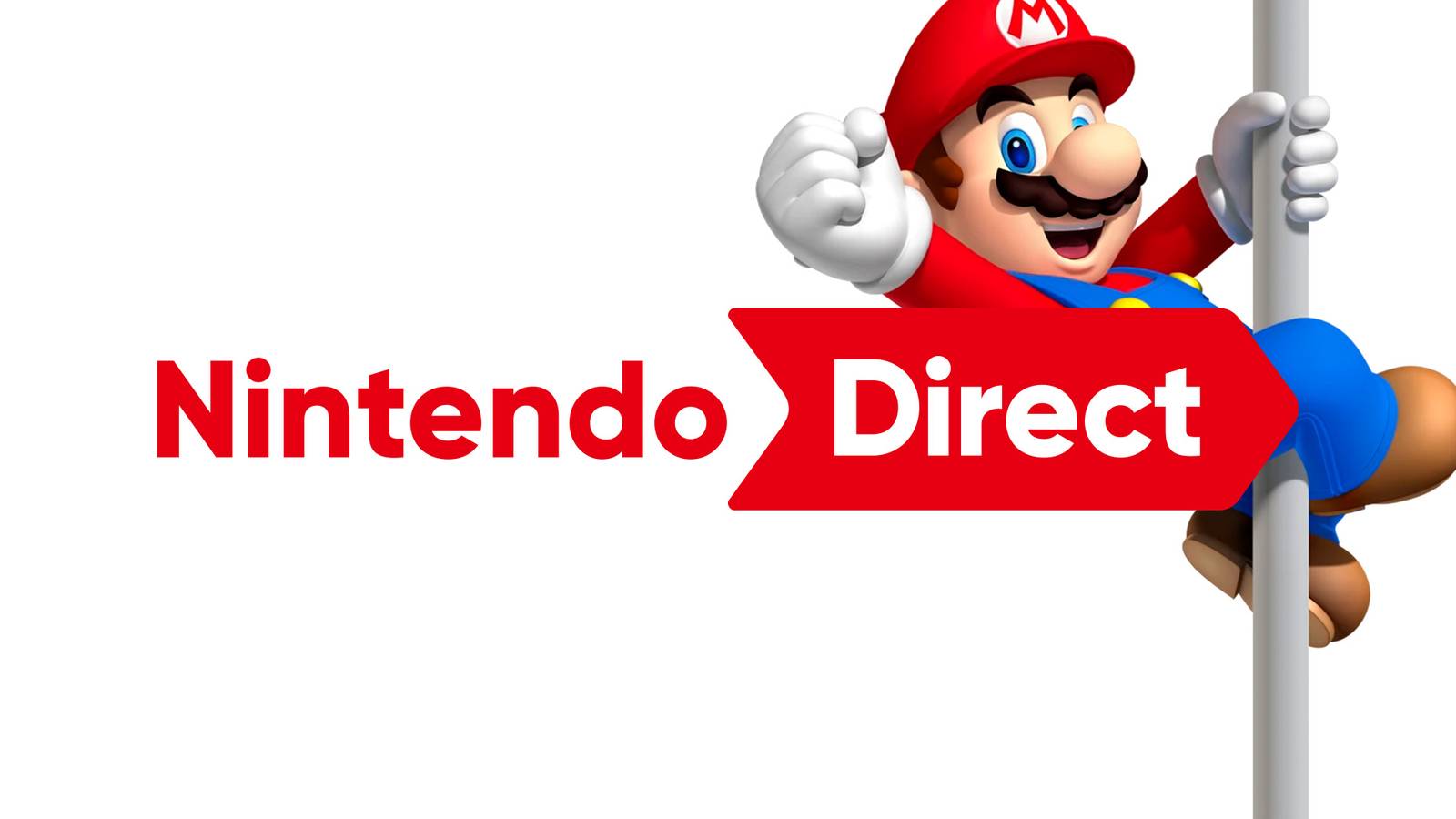Nintendo Direct logo in front of Mario vaulting down a flag pole 2x1 composite