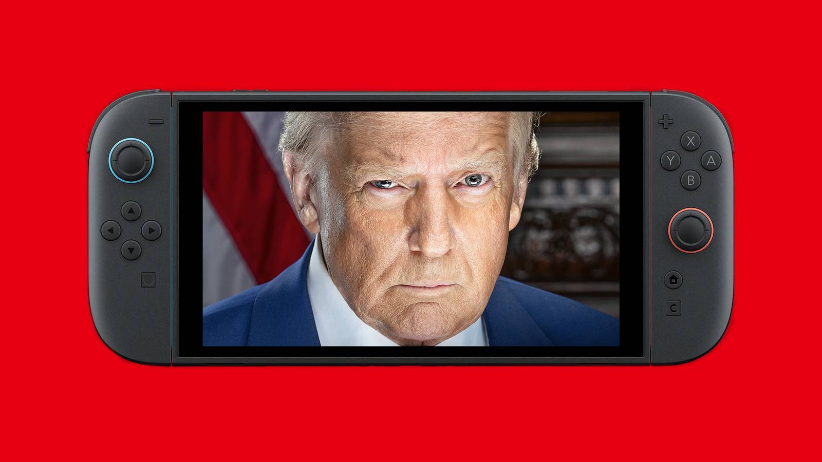 Nintendo Switch 2 displaying Donald J Trump on red background 2x1 composite