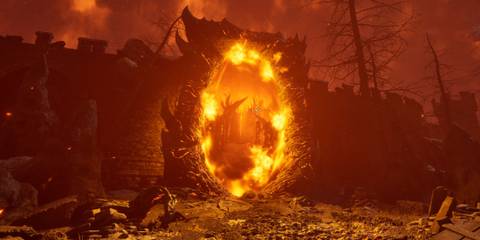 Oblivion Remastered guard follows a player through an Oblivion Gate.