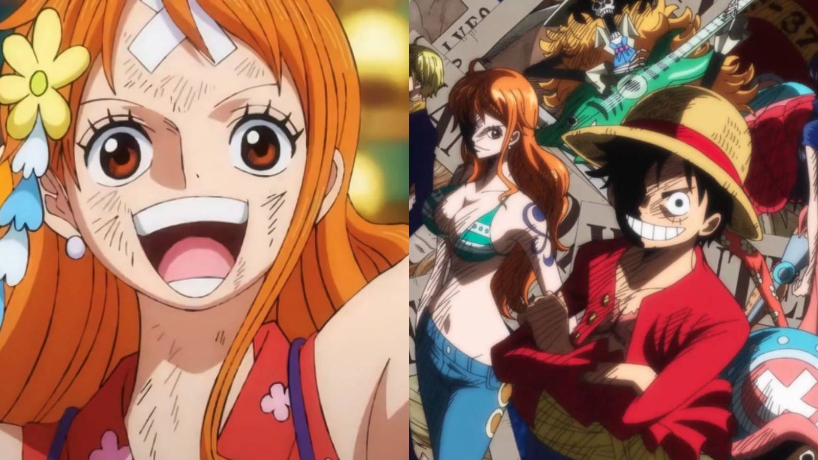 A collage of Nami in Onigashima and a group shot of her with the other Straw Hat Pirates - One Piece