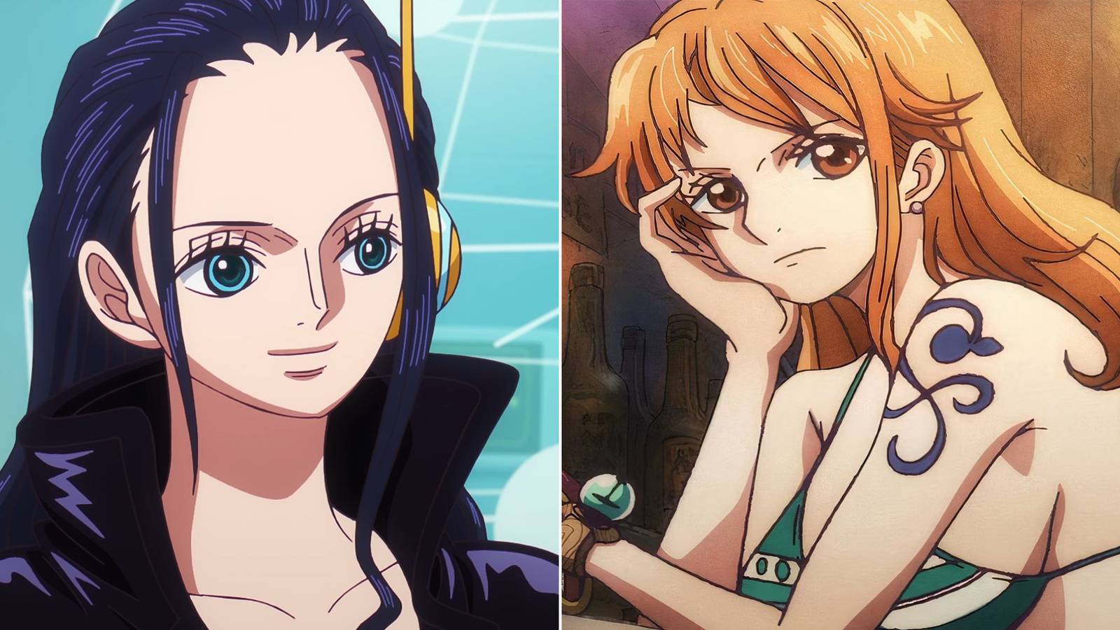 A collage of Nico Robin in Egghead and Nami in Sabaody Archipelago  - One Piece