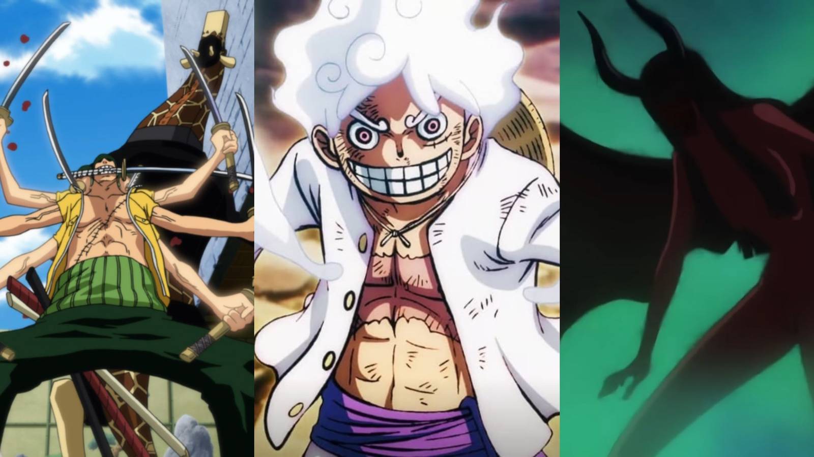 A collage of One Piece power-ups that came out of nowhere: Zoro's Nine Sword Style Ashura, Luffy's Gear 5 and Robin's Demonio Fleur.