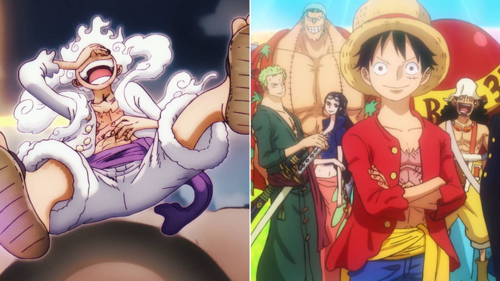 A collage of Monkey D. Luffy in his Gear 5 Form and Luffy with the rest of his crew, the Straw Hat Pirates - One Piece