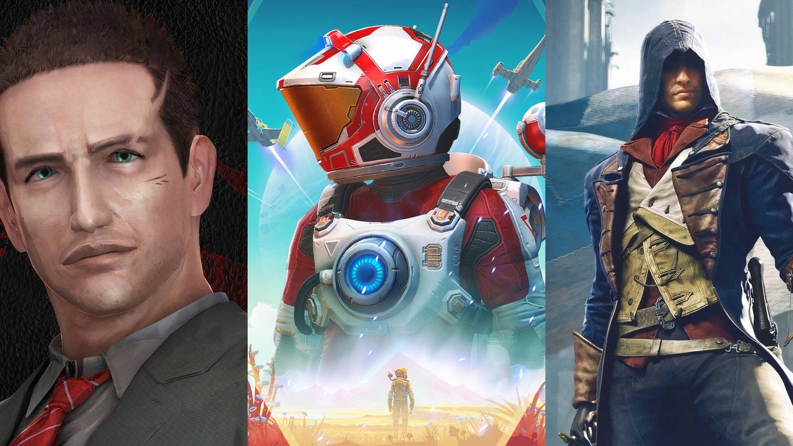 Feature image depicting Deadly Premonition, No Man's Sky, and Assassin's Creed Unity