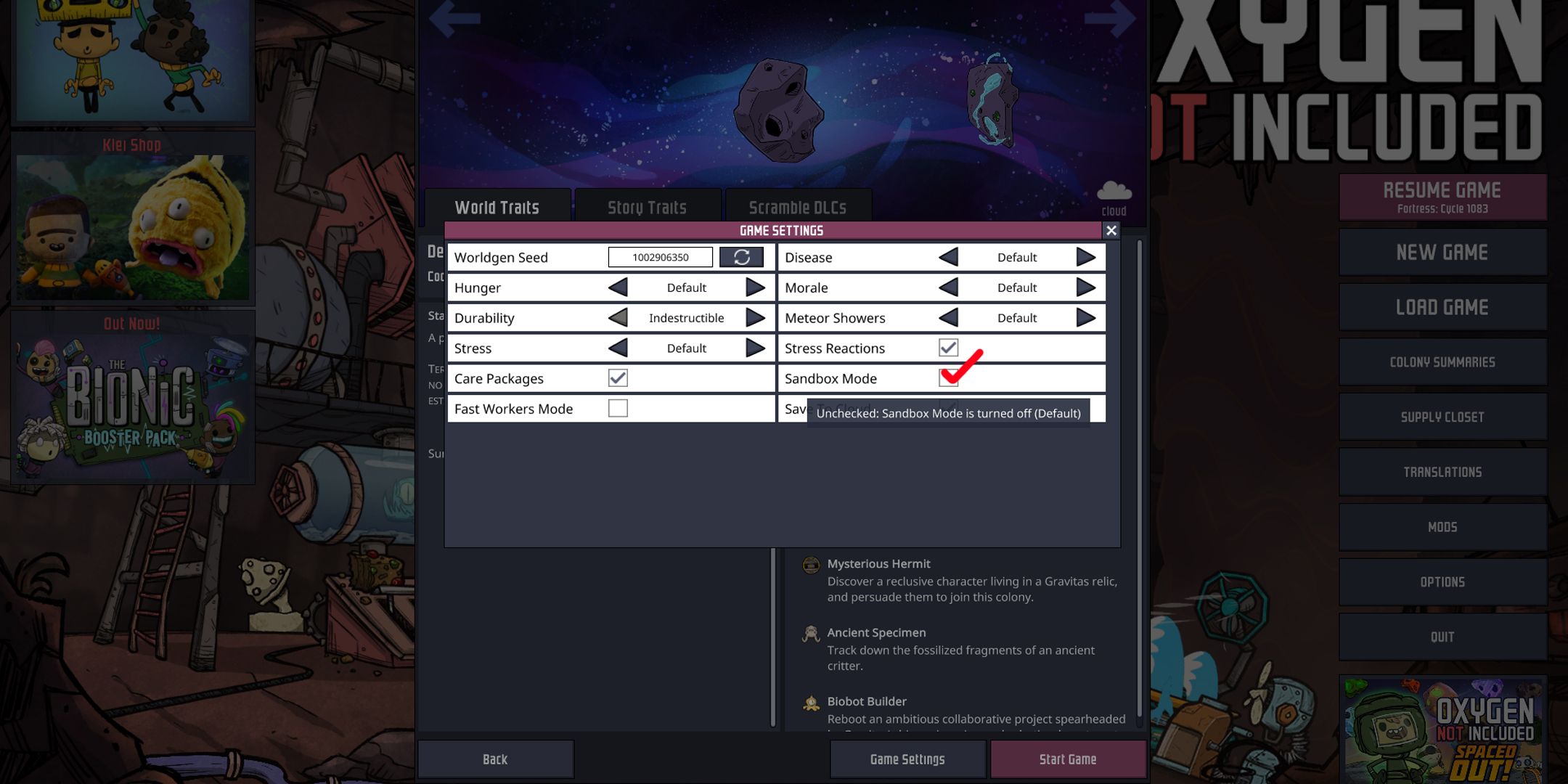 El oxígeno no incluye los primeros consejos y trucos de guía: modo de sandbox