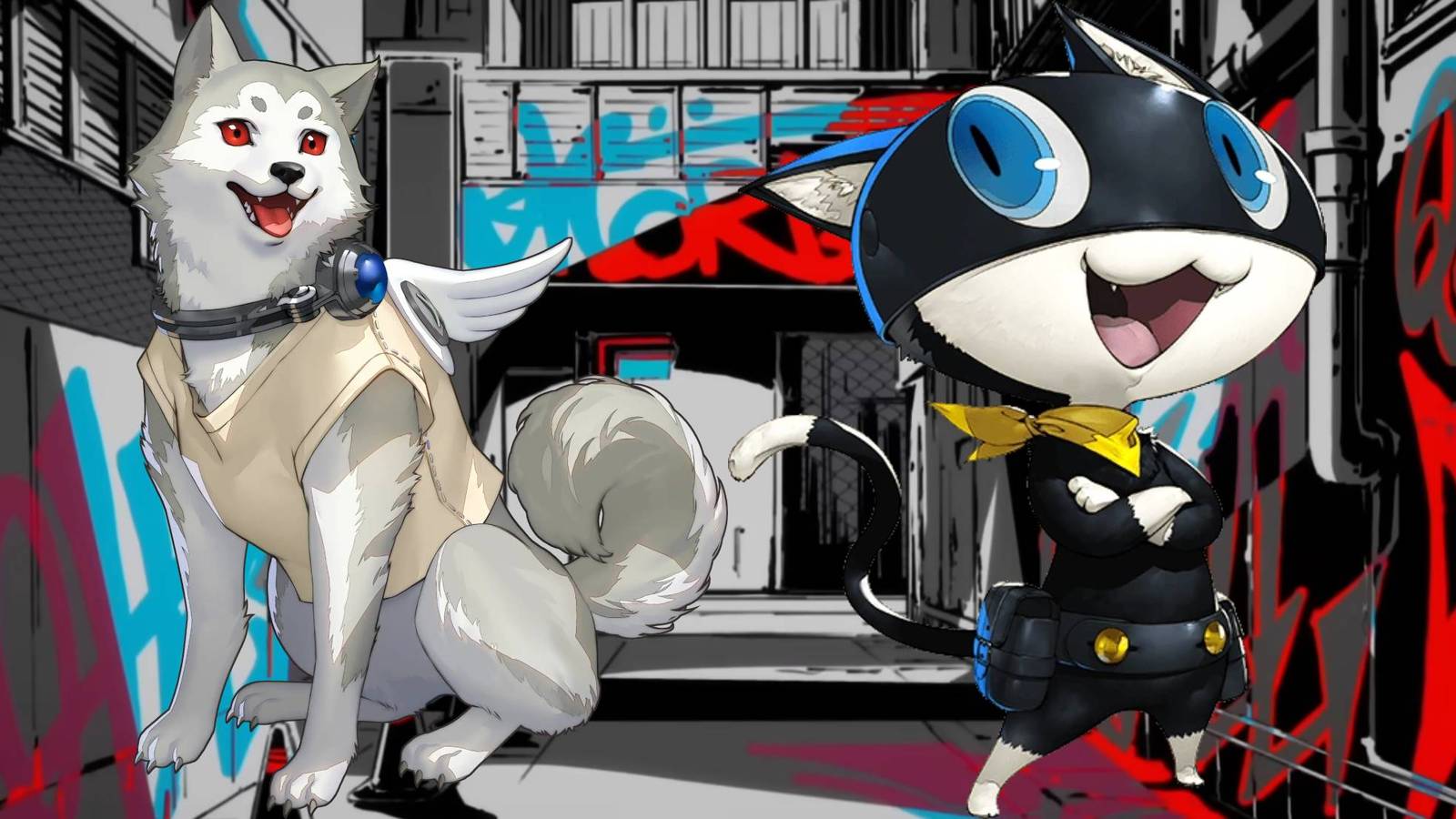 Koromaru and Morgana in an alley from Persona 5 Royal's intro