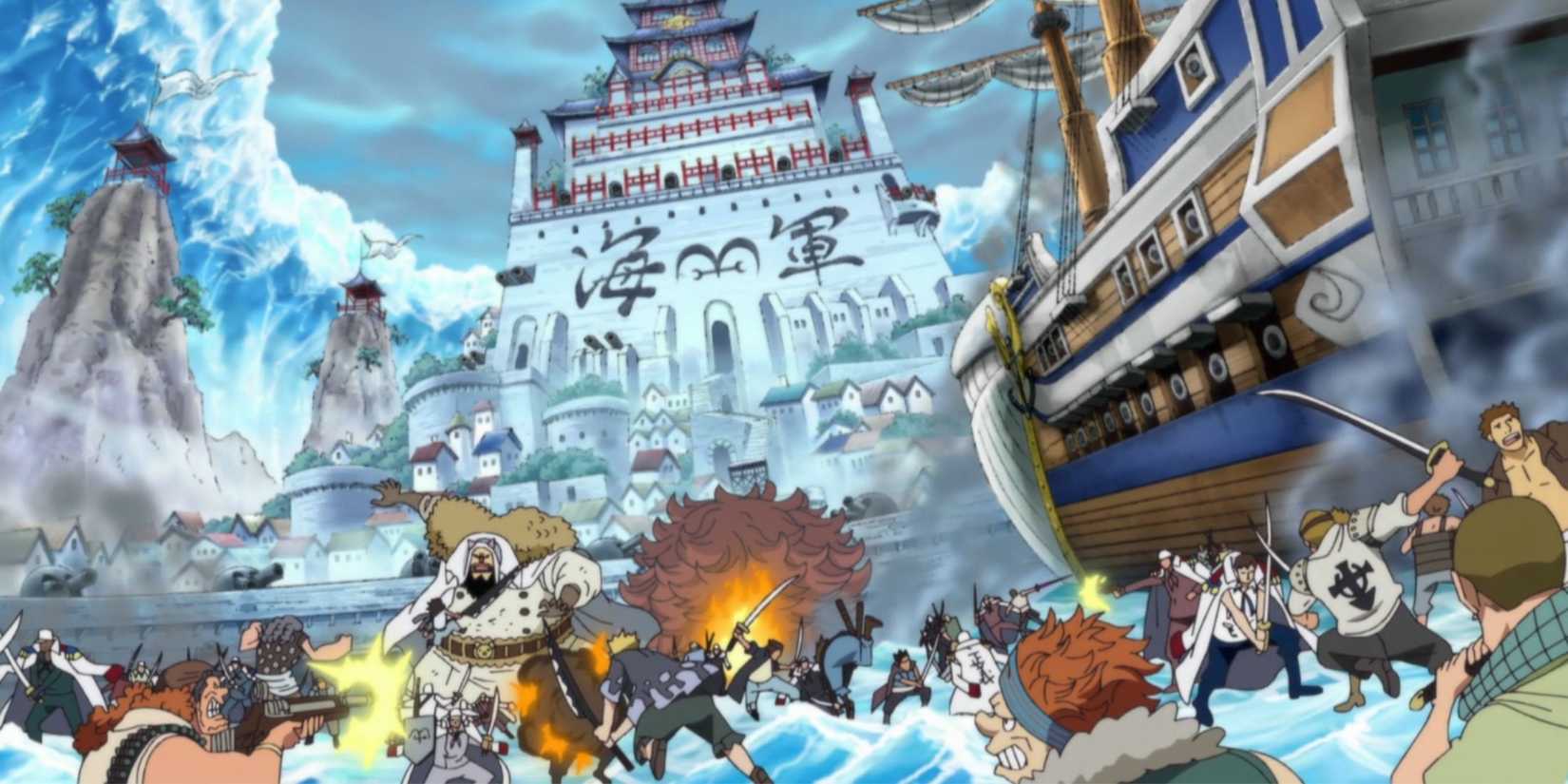 Pirates and Marines fighting violently in Marineford - One Piece